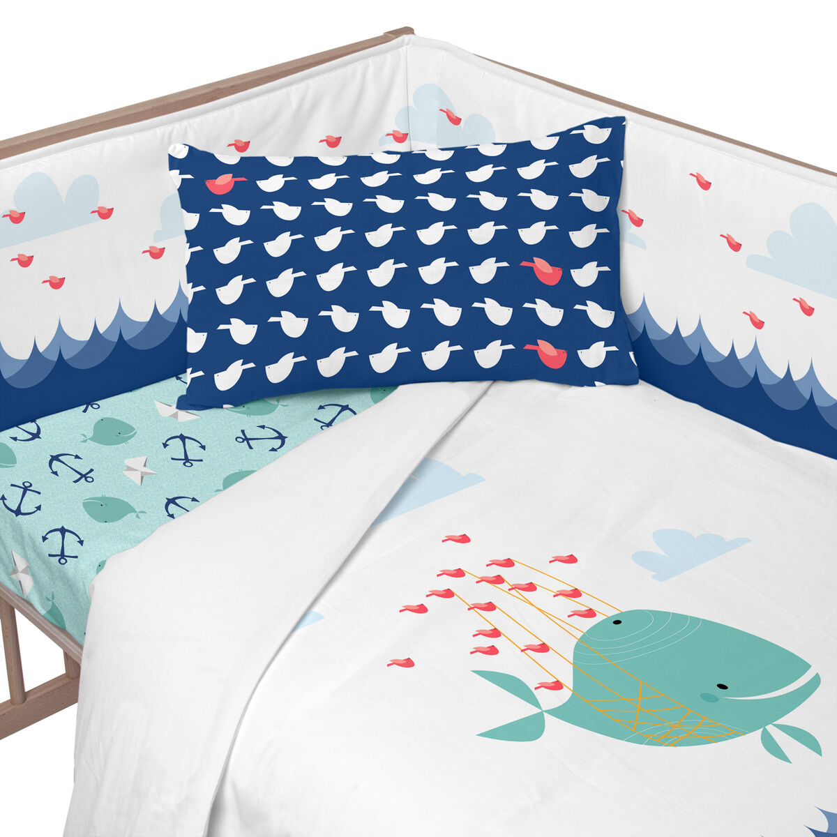 Protetor de berço HappyFriday Moshi moshi Whale Multicolor 210 x 40 cm